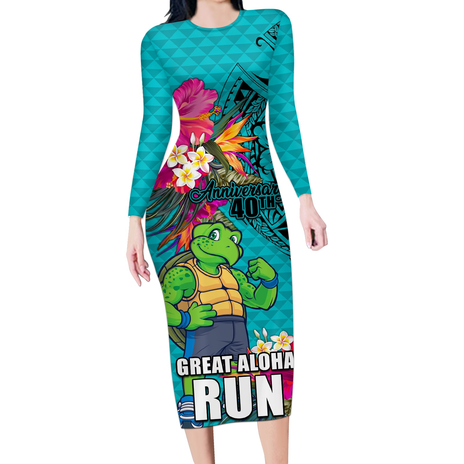 Hawaii Great Aloha Run 40th Anniversary Long Sleeve Bodycon Dress With Turtle Mascot Marathon Hibiscus and Kakau LT03 Long Dress Turquoise - Polynesian Pride