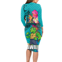Hawaii Great Aloha Run 40th Anniversary Long Sleeve Bodycon Dress With Turtle Mascot Marathon Hibiscus and Kakau LT03 - Polynesian Pride