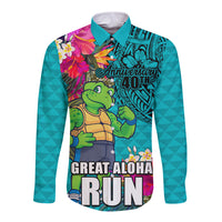 Hawaii Great Aloha Run 40th Anniversary Long Sleeve Button Shirt With Turtle Mascot Marathon Hibiscus and Kakau LT03 Unisex Turquoise - Polynesian Pride