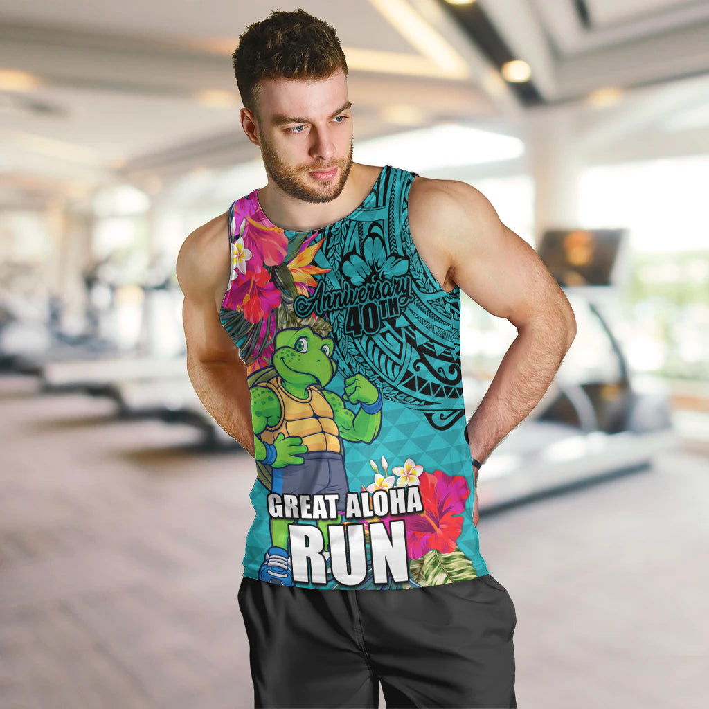 Hawaii Great Aloha Run 40th Anniversary Men Tank Top With Turtle Mascot Marathon Hibiscus and Kakau LT03 Turquoise - Polynesian Pride