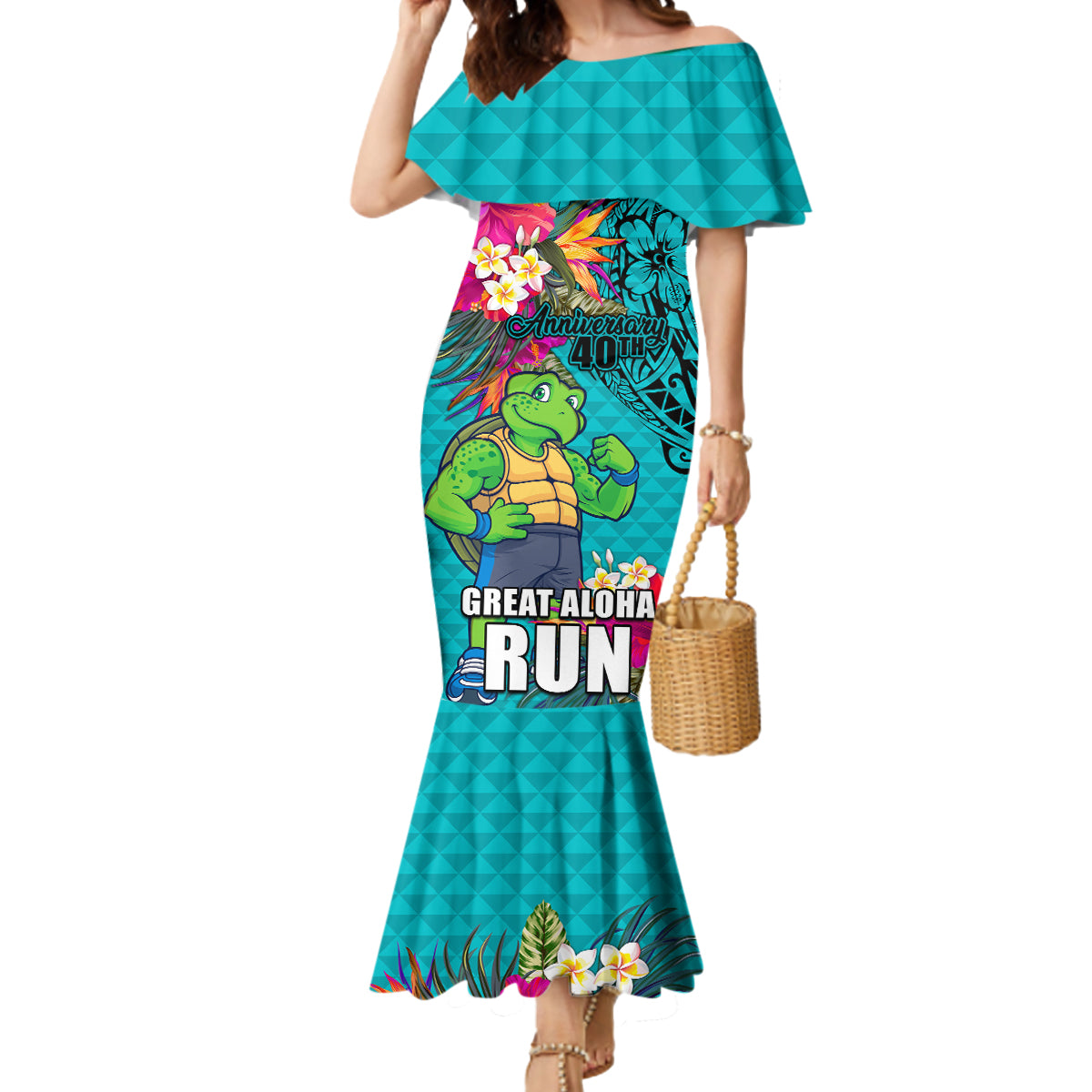 Hawaii Great Aloha Run 40th Anniversary Mermaid Dress With Turtle Mascot Marathon Hibiscus and Kakau LT03 Women Turquoise - Polynesian Pride