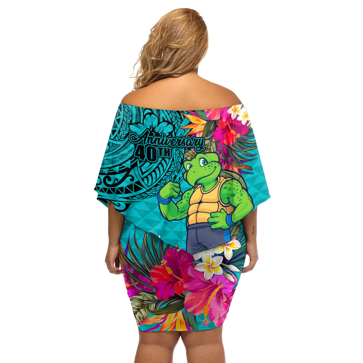 Hawaii Great Aloha Run 40th Anniversary Off Shoulder Short Dress With Turtle Mascot Marathon Hibiscus and Kakau LT03 - Polynesian Pride