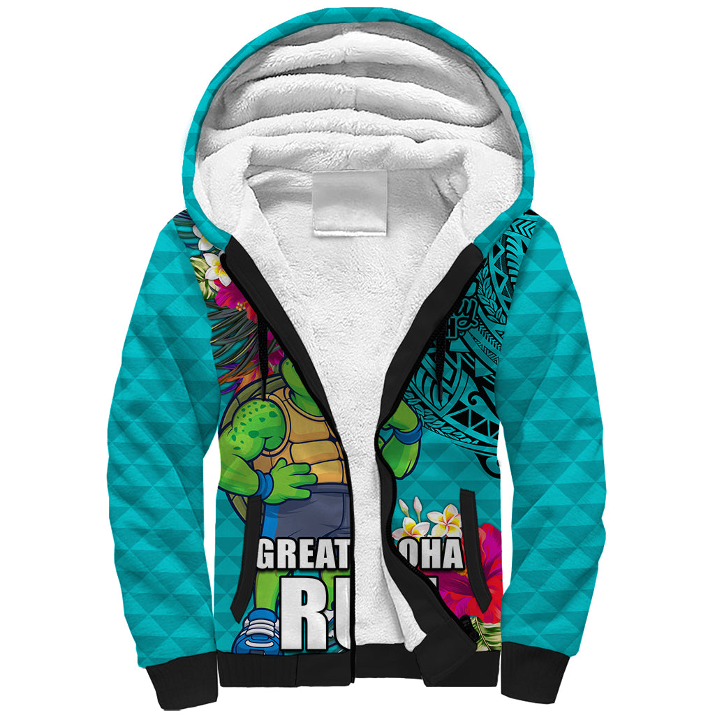 Hawaii Great Aloha Run 40th Anniversary Sherpa Hoodie With Turtle Mascot Marathon Hibiscus and Kakau LT03 Unisex Turquoise - Polynesian Pride