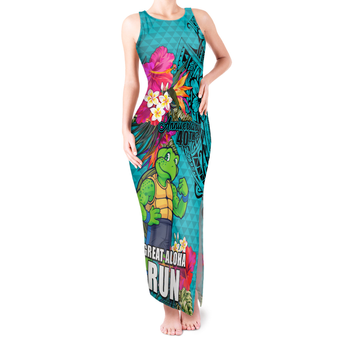 Hawaii Great Aloha Run 40th Anniversary Tank Maxi Dress With Turtle Mascot Marathon Hibiscus and Kakau LT03 Women Turquoise - Polynesian Pride