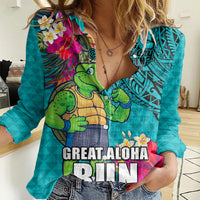 Hawaii Great Aloha Run 40th Anniversary Women Casual Shirt With Turtle Mascot Marathon Hibiscus and Kakau LT03 Female Turquoise - Polynesian Pride
