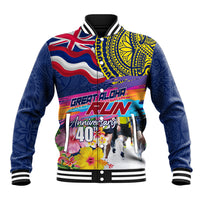 Hawaii Great Aloha Run 40th Anniversary Baseball Jacket Hibiscus and Kakau Pattern LT03 Unisex Blue - Polynesian Pride