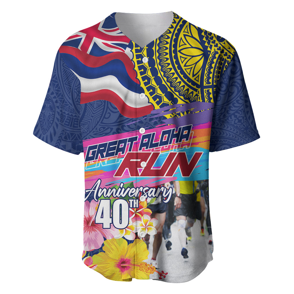 Hawaii Great Aloha Run 40th Anniversary Baseball Jersey Hibiscus and Kakau Pattern LT03 Blue - Polynesian Pride