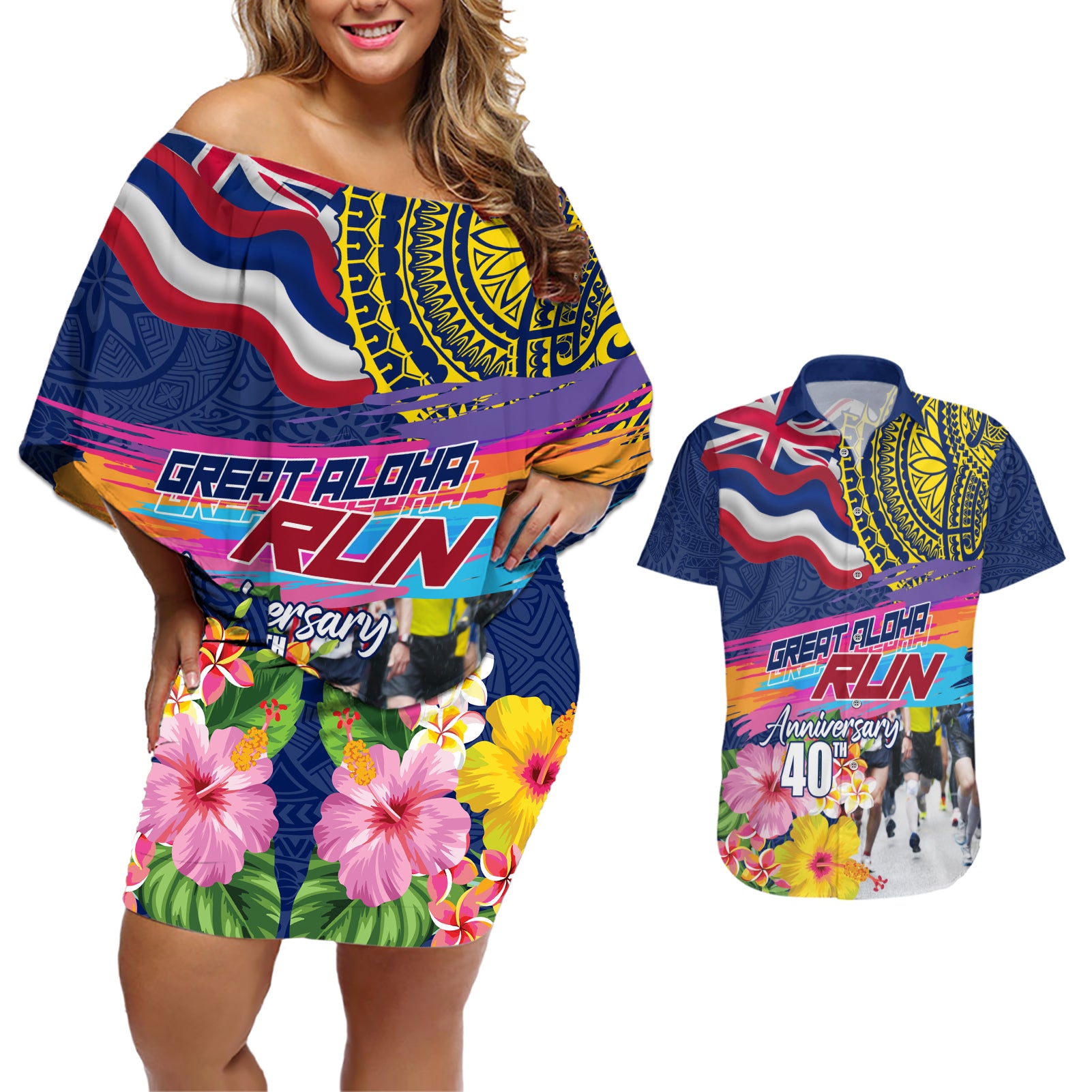 Hawaii Great Aloha Run 40th Anniversary Couples Matching Off Shoulder Short Dress and Hawaiian Shirt Hibiscus and Kakau Pattern LT03 Blue - Polynesian Pride