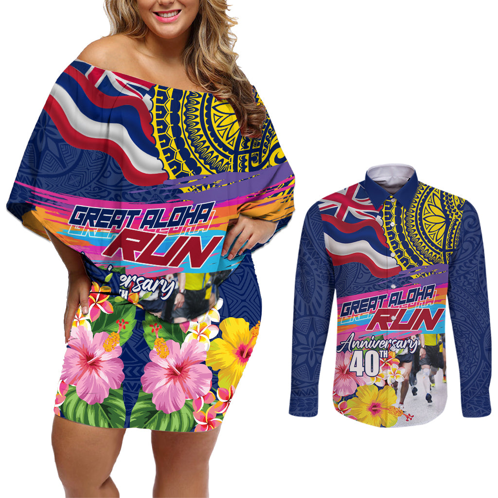 Hawaii Great Aloha Run 40th Anniversary Couples Matching Off Shoulder Short Dress and Long Sleeve Button Shirt Hibiscus and Kakau Pattern LT03 Blue - Polynesian Pride
