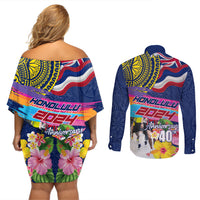Hawaii Great Aloha Run 40th Anniversary Couples Matching Off Shoulder Short Dress and Long Sleeve Button Shirt Hibiscus and Kakau Pattern LT03 - Polynesian Pride