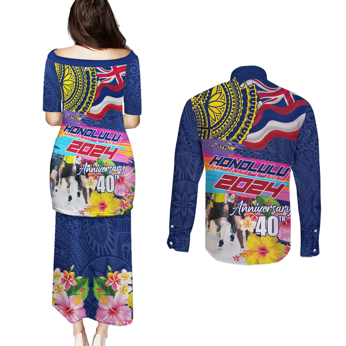 Hawaii Great Aloha Run 40th Anniversary Couples Matching Puletasi and Long Sleeve Button Shirt Hibiscus and Kakau Pattern LT03 - Polynesian Pride