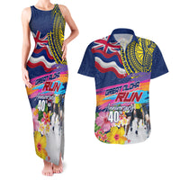 Hawaii Great Aloha Run 40th Anniversary Couples Matching Tank Maxi Dress and Hawaiian Shirt Hibiscus and Kakau Pattern LT03 Blue - Polynesian Pride