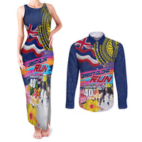 Hawaii Great Aloha Run 40th Anniversary Couples Matching Tank Maxi Dress and Long Sleeve Button Shirt Hibiscus and Kakau Pattern LT03 Blue - Polynesian Pride