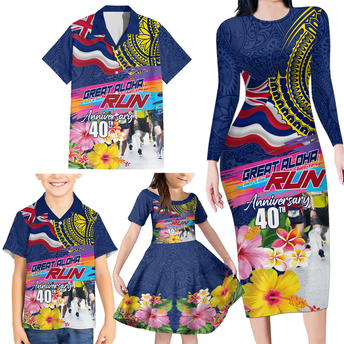 Hawaii Great Aloha Run 40th Anniversary Family Matching Long Sleeve Bodycon Dress and Hawaiian Shirt Hibiscus and Kakau Pattern LT03 - Polynesian Pride