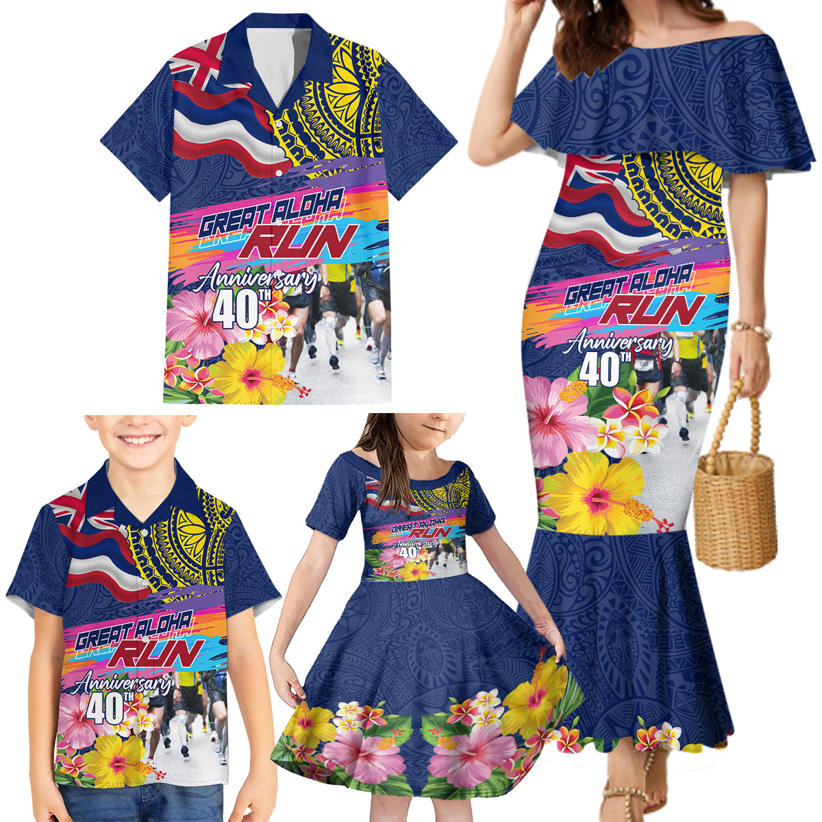 Hawaii Great Aloha Run 40th Anniversary Family Matching Mermaid Dress and Hawaiian Shirt Hibiscus and Kakau Pattern LT03 - Polynesian Pride