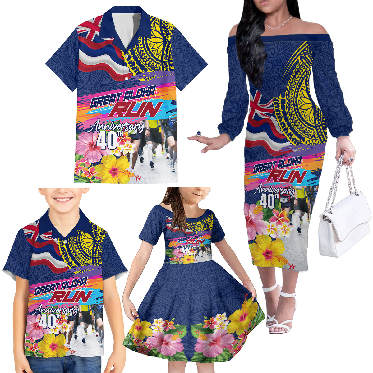 Hawaii Great Aloha Run 40th Anniversary Family Matching Off Shoulder Long Sleeve Dress and Hawaiian Shirt Hibiscus and Kakau Pattern LT03 - Polynesian Pride