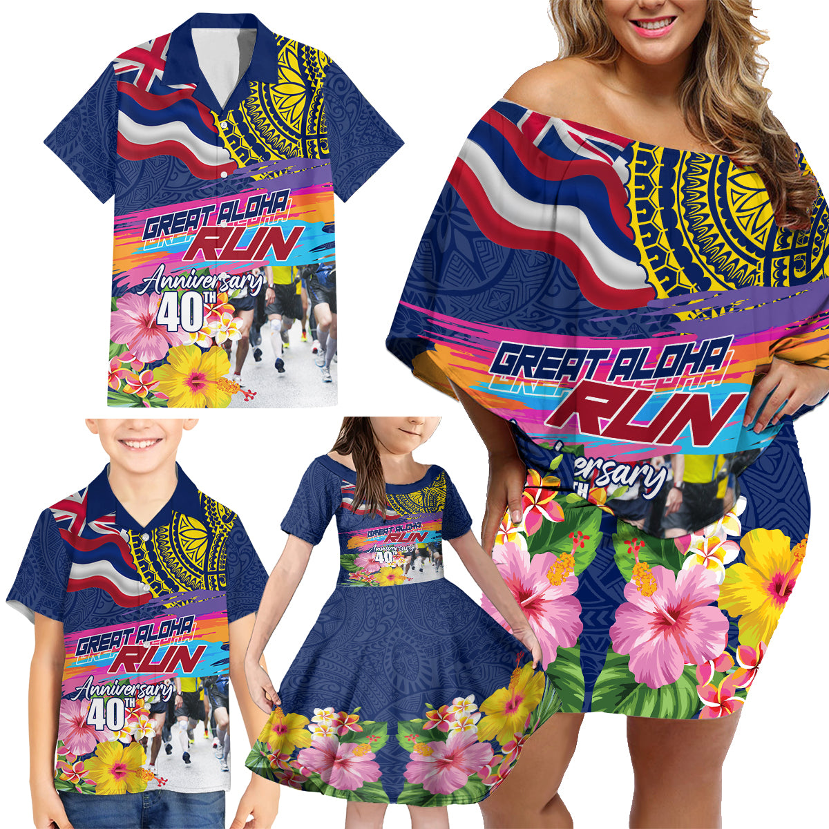 Hawaii Great Aloha Run 40th Anniversary Family Matching Off Shoulder Short Dress and Hawaiian Shirt Hibiscus and Kakau Pattern LT03 - Polynesian Pride