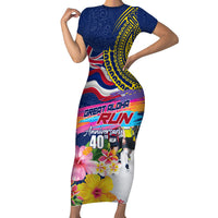 Hawaii Great Aloha Run 40th Anniversary Family Matching Short Sleeve Bodycon Dress and Hawaiian Shirt Hibiscus and Kakau Pattern LT03 Mom's Dress Blue - Polynesian Pride