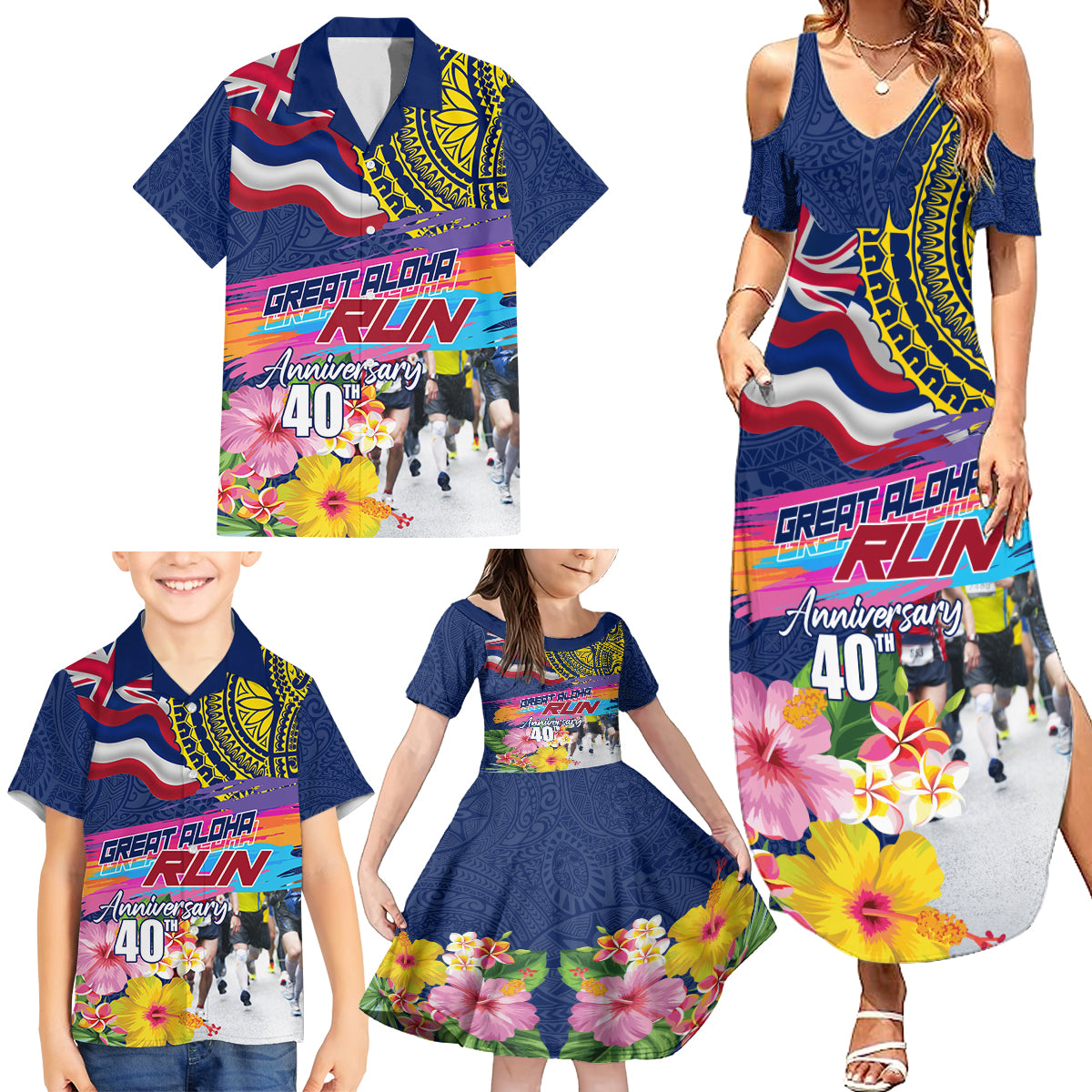 Hawaii Great Aloha Run 40th Anniversary Family Matching Summer Maxi Dress and Hawaiian Shirt Hibiscus and Kakau Pattern LT03 - Polynesian Pride