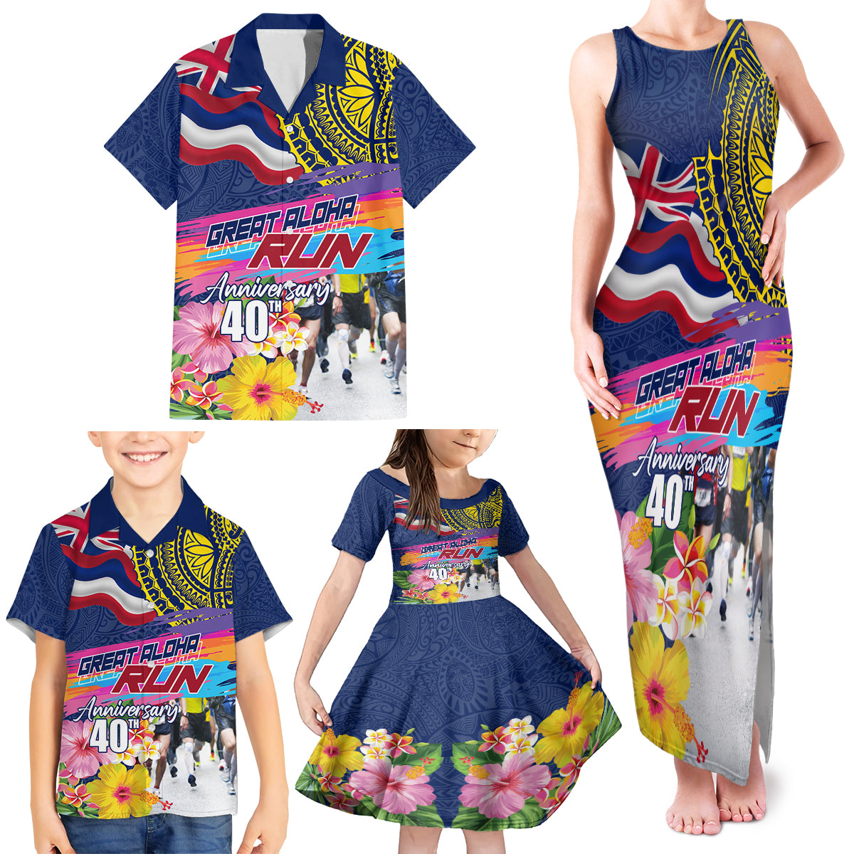 Hawaii Great Aloha Run 40th Anniversary Family Matching Tank Maxi Dress and Hawaiian Shirt Hibiscus and Kakau Pattern LT03 - Polynesian Pride