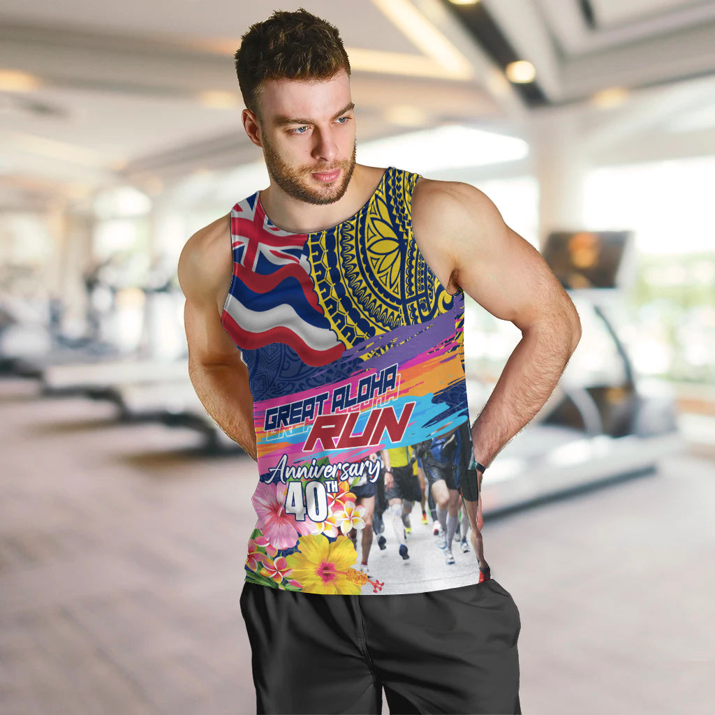 Hawaii Great Aloha Run 40th Anniversary Men Tank Top Hibiscus and Kakau Pattern LT03 Blue - Polynesian Pride