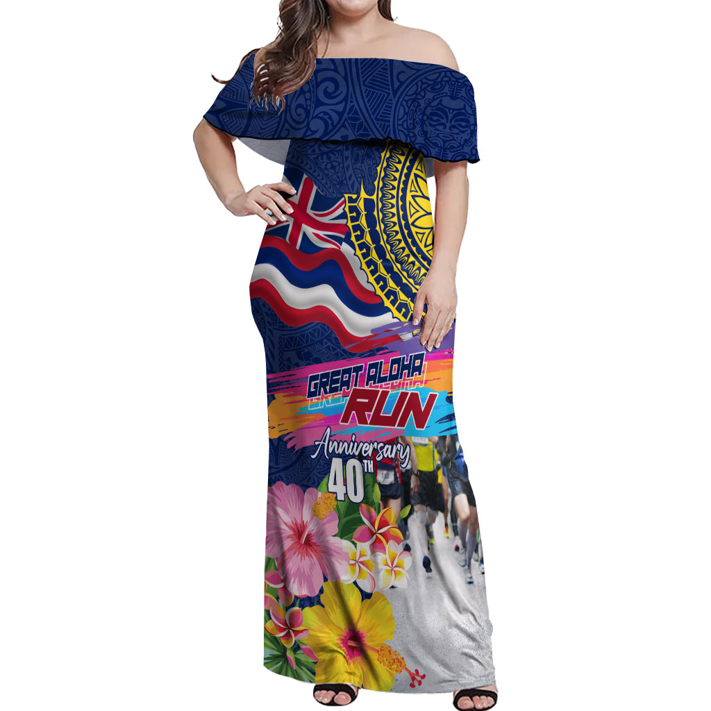 Hawaii Great Aloha Run 40th Anniversary Off Shoulder Maxi Dress Hibiscus and Kakau Pattern LT03 Women Blue - Polynesian Pride