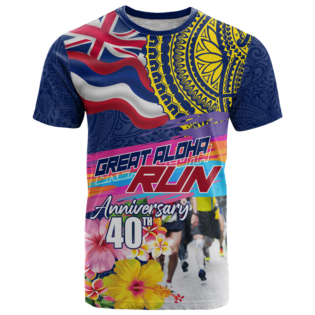 Hawaii Great Aloha Run 40th Anniversary T Shirt Hibiscus and Kakau Pattern LT03 Blue - Polynesian Pride