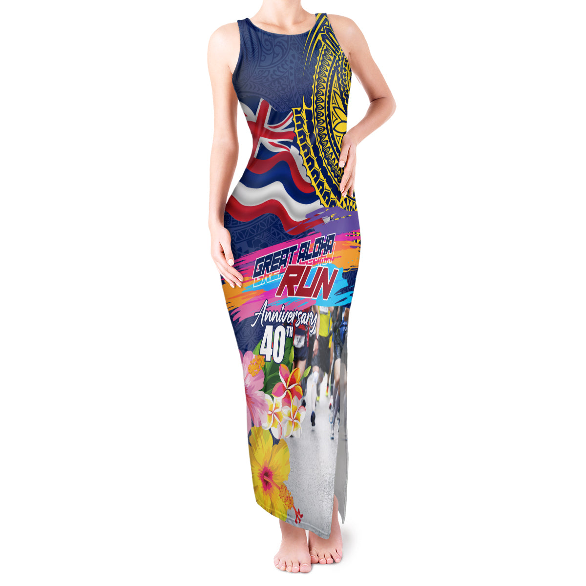 Hawaii Great Aloha Run 40th Anniversary Tank Maxi Dress Hibiscus and Kakau Pattern LT03 Women Blue - Polynesian Pride