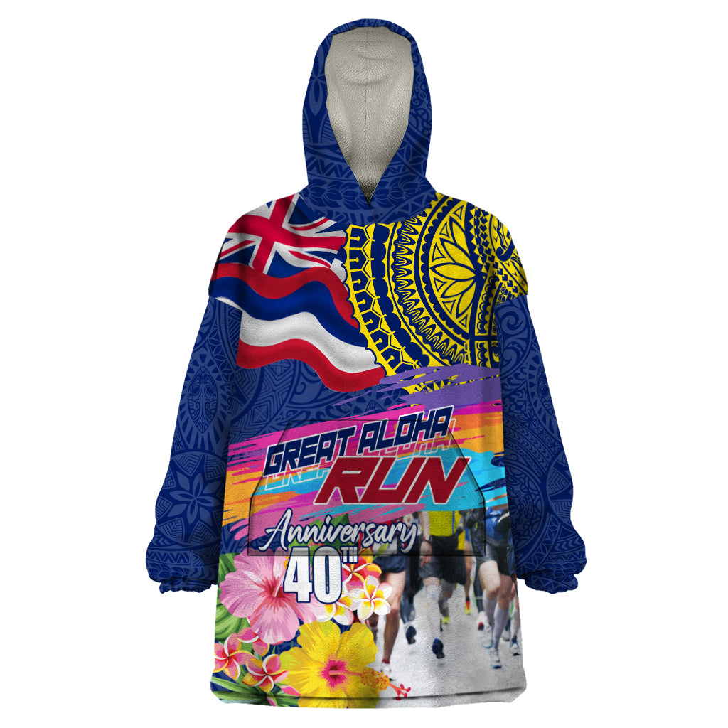 Hawaii Great Aloha Run 40th Anniversary Wearable Blanket Hoodie Hibiscus and Kakau Pattern LT03 One Size Blue - Polynesian Pride