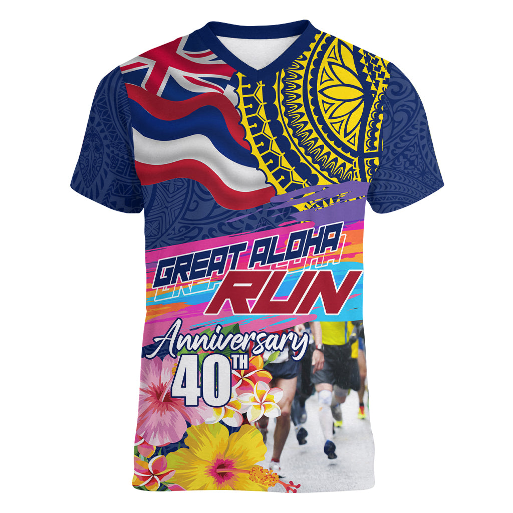 Hawaii Great Aloha Run 40th Anniversary Women V Neck T Shirt Hibiscus and Kakau Pattern LT03 Female Blue - Polynesian Pride