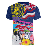 Hawaii Great Aloha Run 40th Anniversary Women V Neck T Shirt Hibiscus and Kakau Pattern LT03 - Polynesian Pride