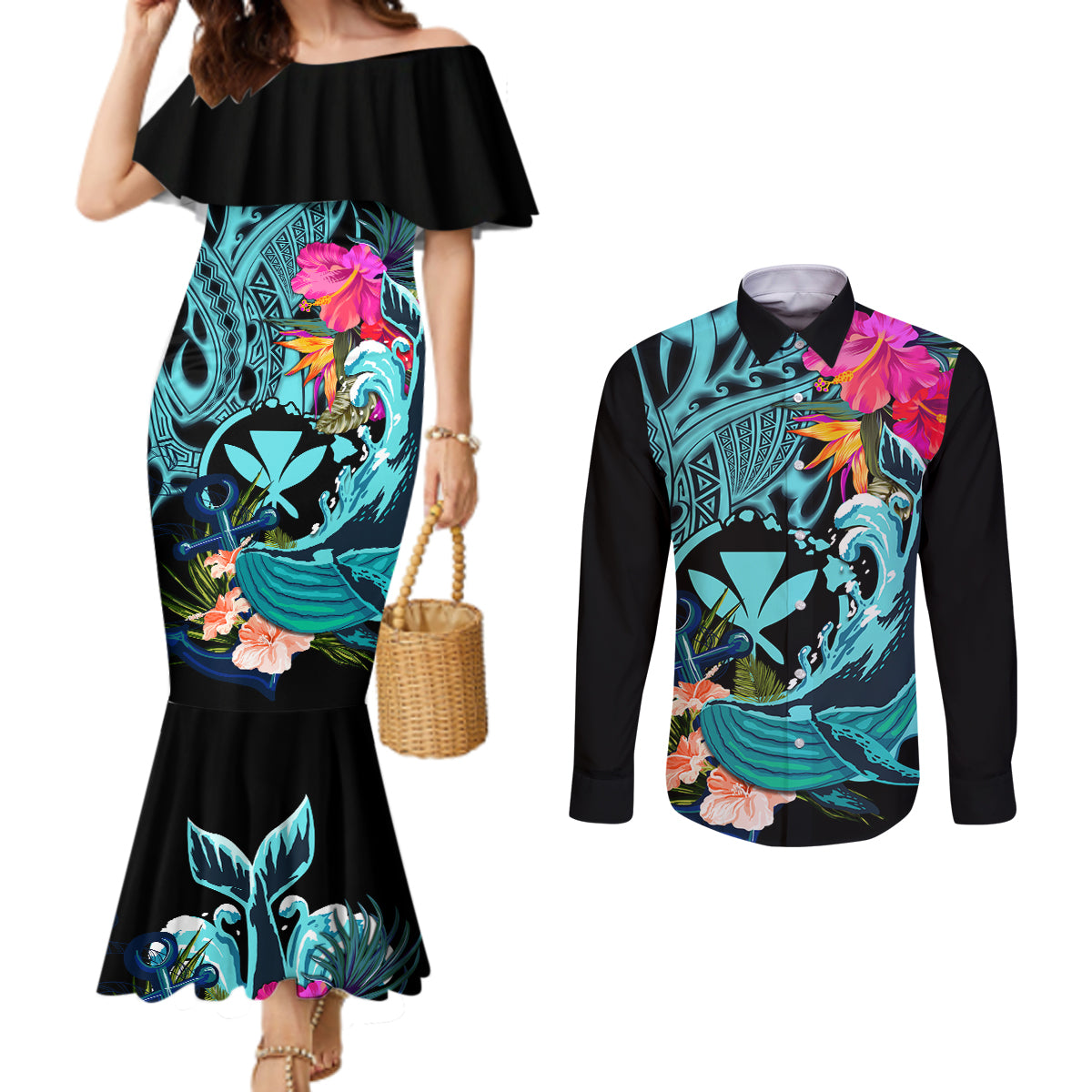 Hawaii Couples Matching Mermaid Dress and Long Sleeve Button Shirt Whale Mix Hibiscus and Kanaka Maoli LT03 Black - Polynesian Pride