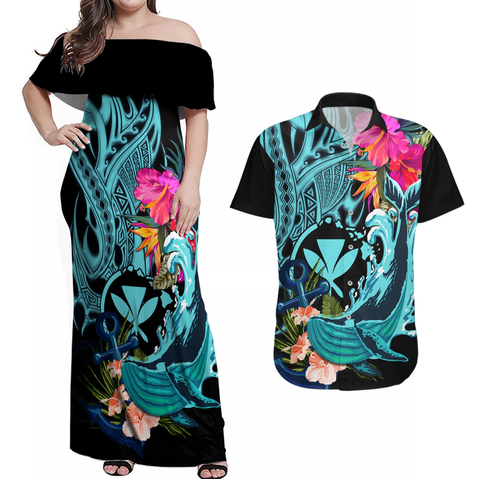 Hawaii Couples Matching Off Shoulder Maxi Dress and Hawaiian Shirt Whale Mix Hibiscus and Kanaka Maoli LT03 Black - Polynesian Pride