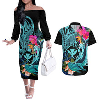 Hawaii Couples Matching Off The Shoulder Long Sleeve Dress and Hawaiian Shirt Whale Mix Hibiscus and Kanaka Maoli LT03 Black - Polynesian Pride