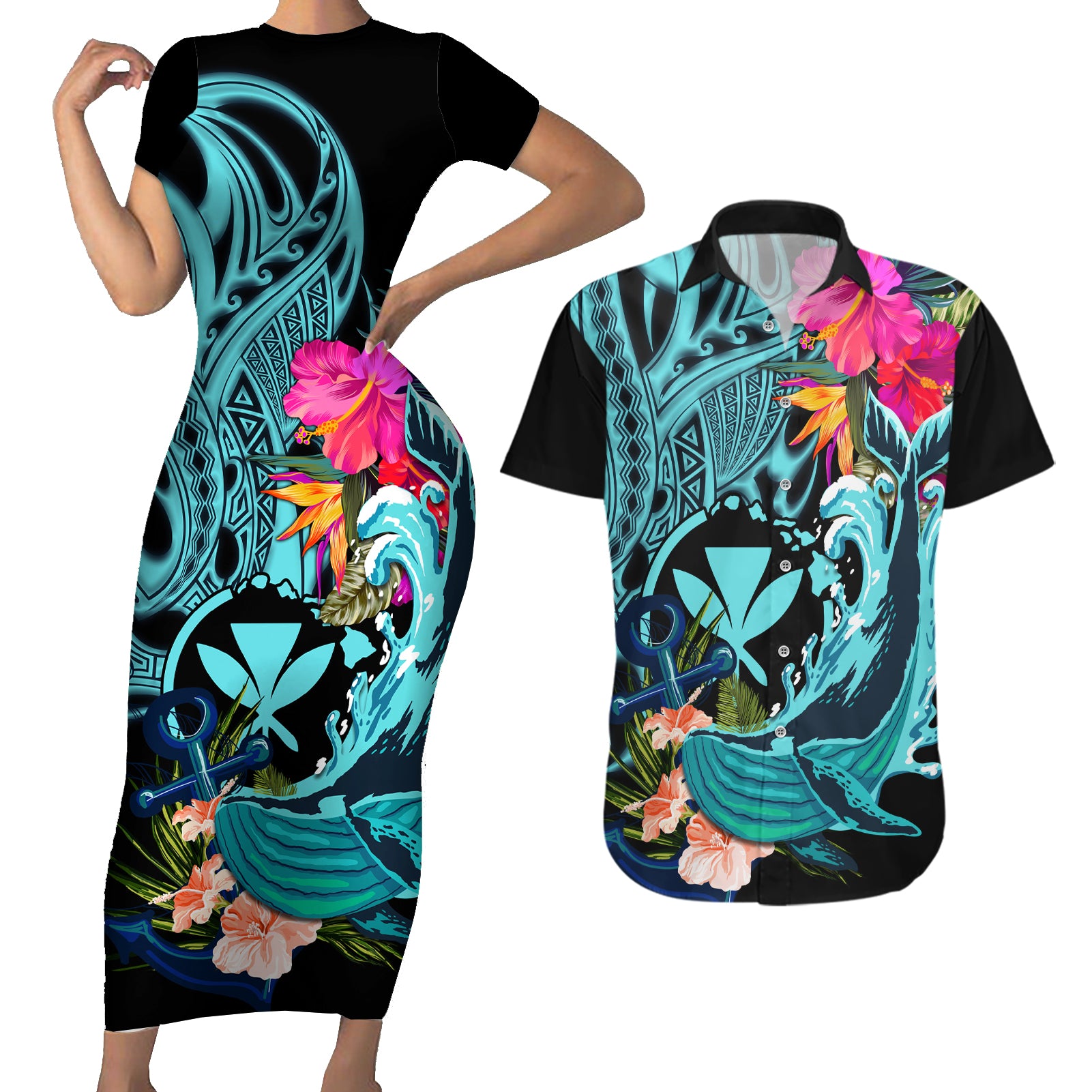 Hawaii Couples Matching Short Sleeve Bodycon Dress and Hawaiian Shirt Whale Mix Hibiscus and Kanaka Maoli LT03 Black - Polynesian Pride