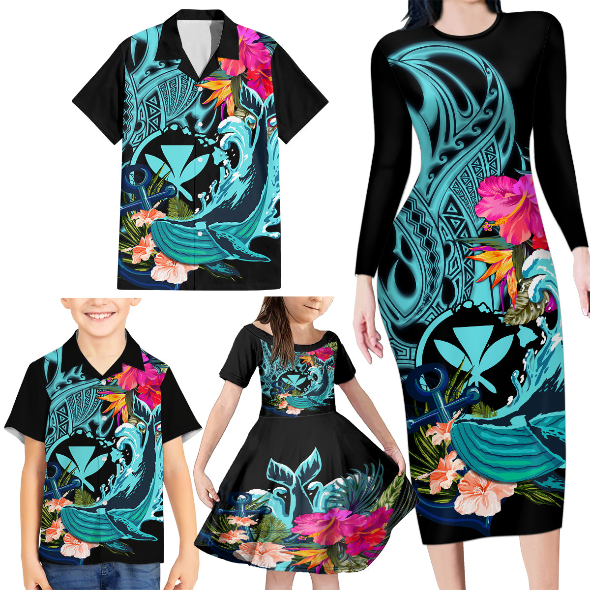 Hawaii Family Matching Long Sleeve Bodycon Dress and Hawaiian Shirt Whale Mix Hibiscus and Kanaka Maoli LT03 - Polynesian Pride