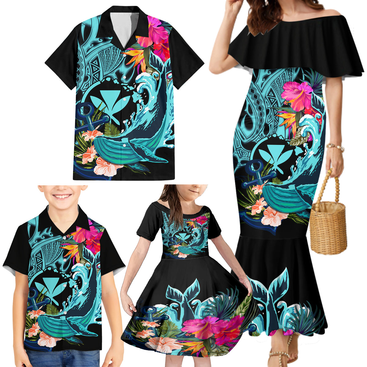 Hawaii Family Matching Mermaid Dress and Hawaiian Shirt Whale Mix Hibiscus and Kanaka Maoli LT03 - Polynesian Pride