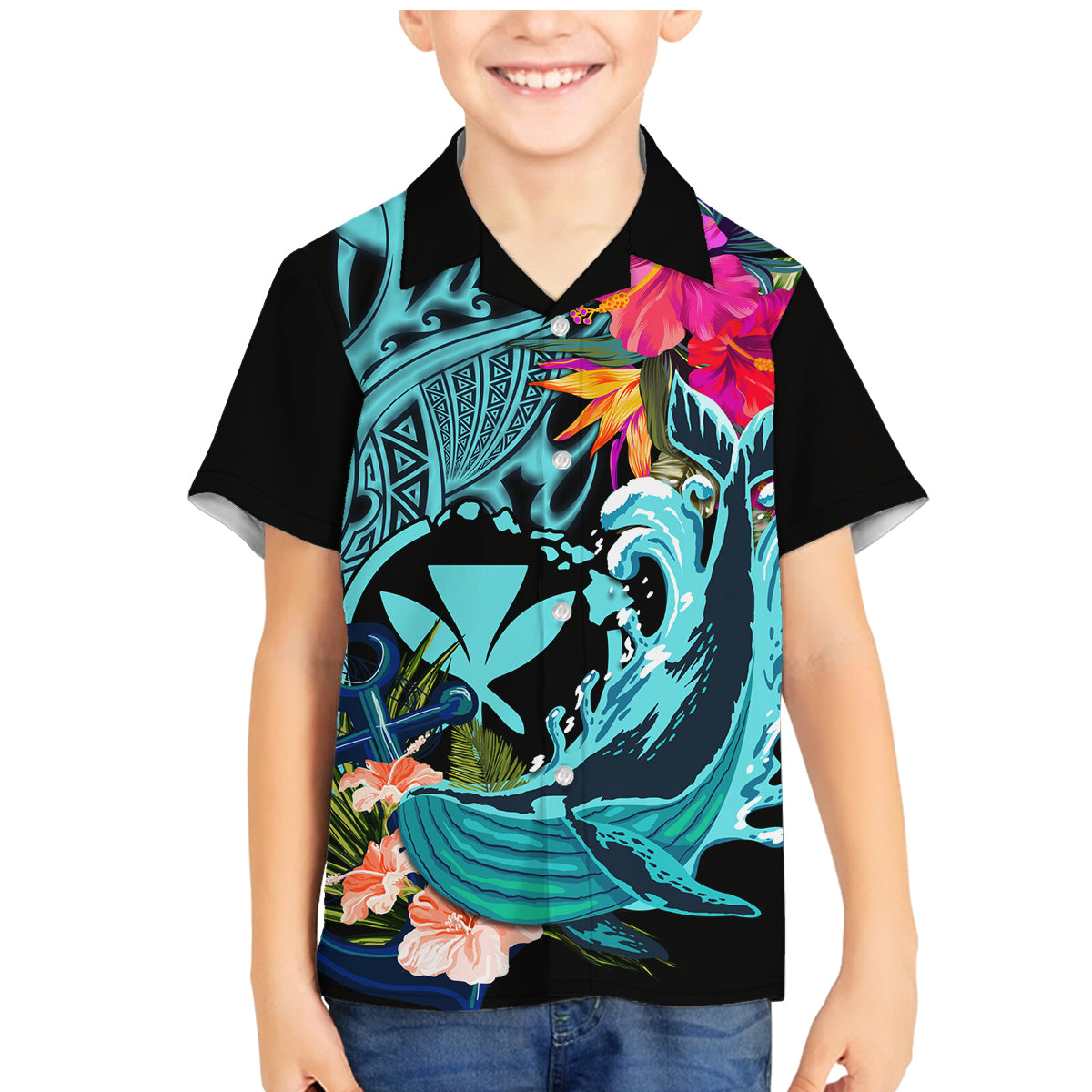 Hawaii Family Matching Mermaid Dress and Hawaiian Shirt Whale Mix Hibiscus and Kanaka Maoli LT03 Son's Shirt Black - Polynesian Pride