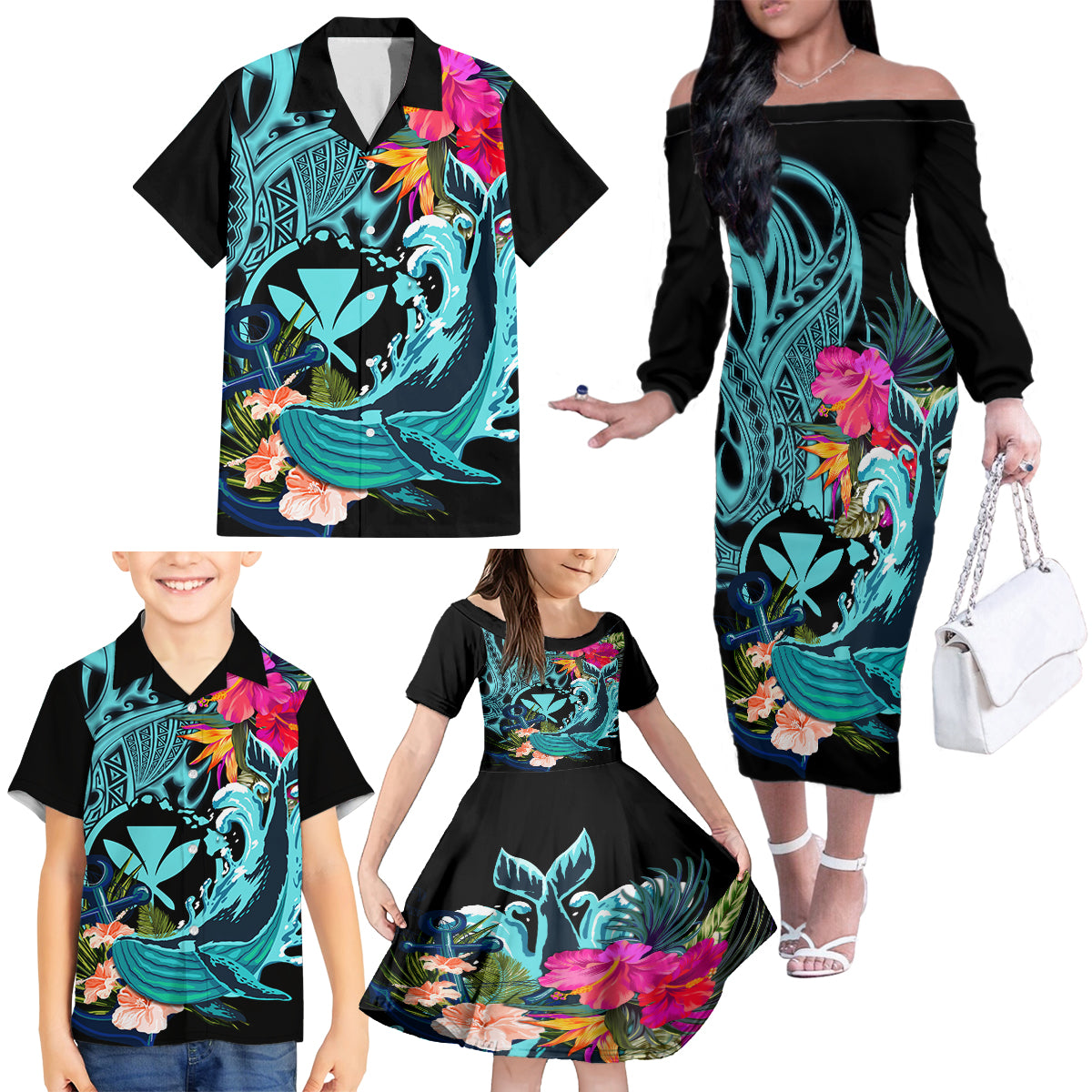 Hawaii Family Matching Off Shoulder Long Sleeve Dress and Hawaiian Shirt Whale Mix Hibiscus and Kanaka Maoli LT03 - Polynesian Pride