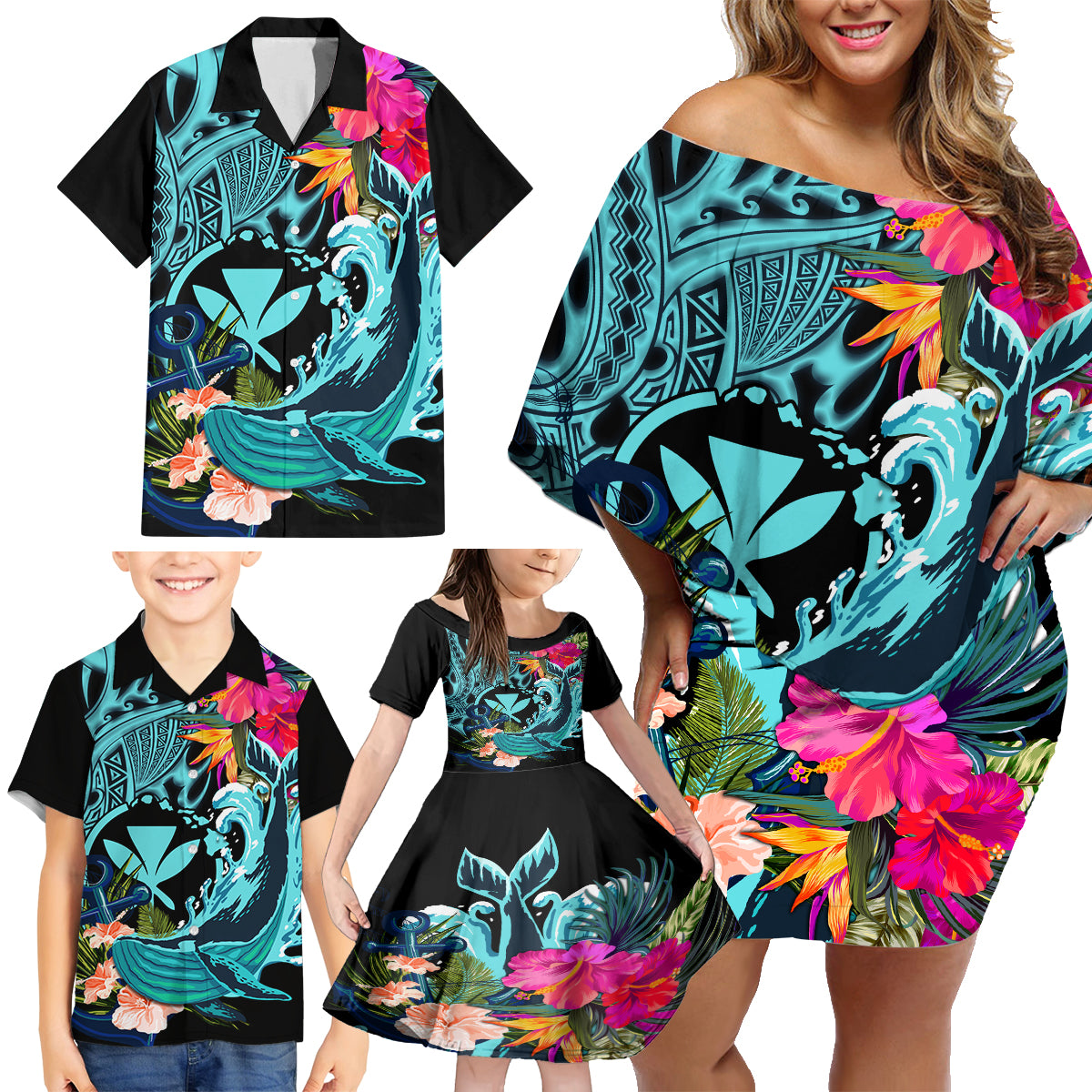 Hawaii Family Matching Off Shoulder Short Dress and Hawaiian Shirt Whale Mix Hibiscus and Kanaka Maoli LT03 - Polynesian Pride