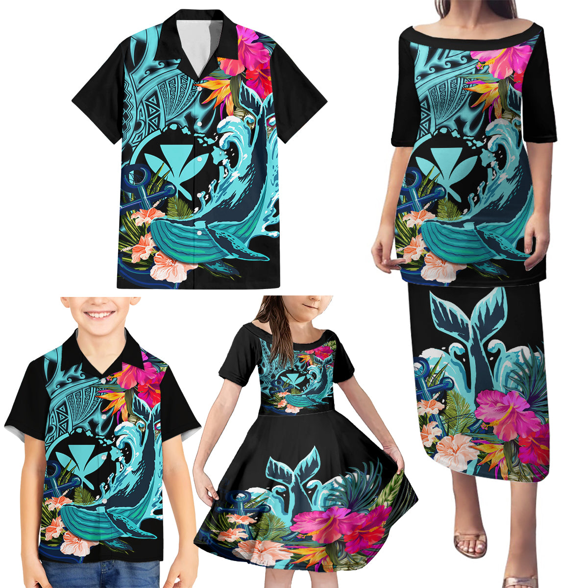 Hawaii Family Matching Puletasi and Hawaiian Shirt Whale Mix Hibiscus and Kanaka Maoli LT03 - Polynesian Pride