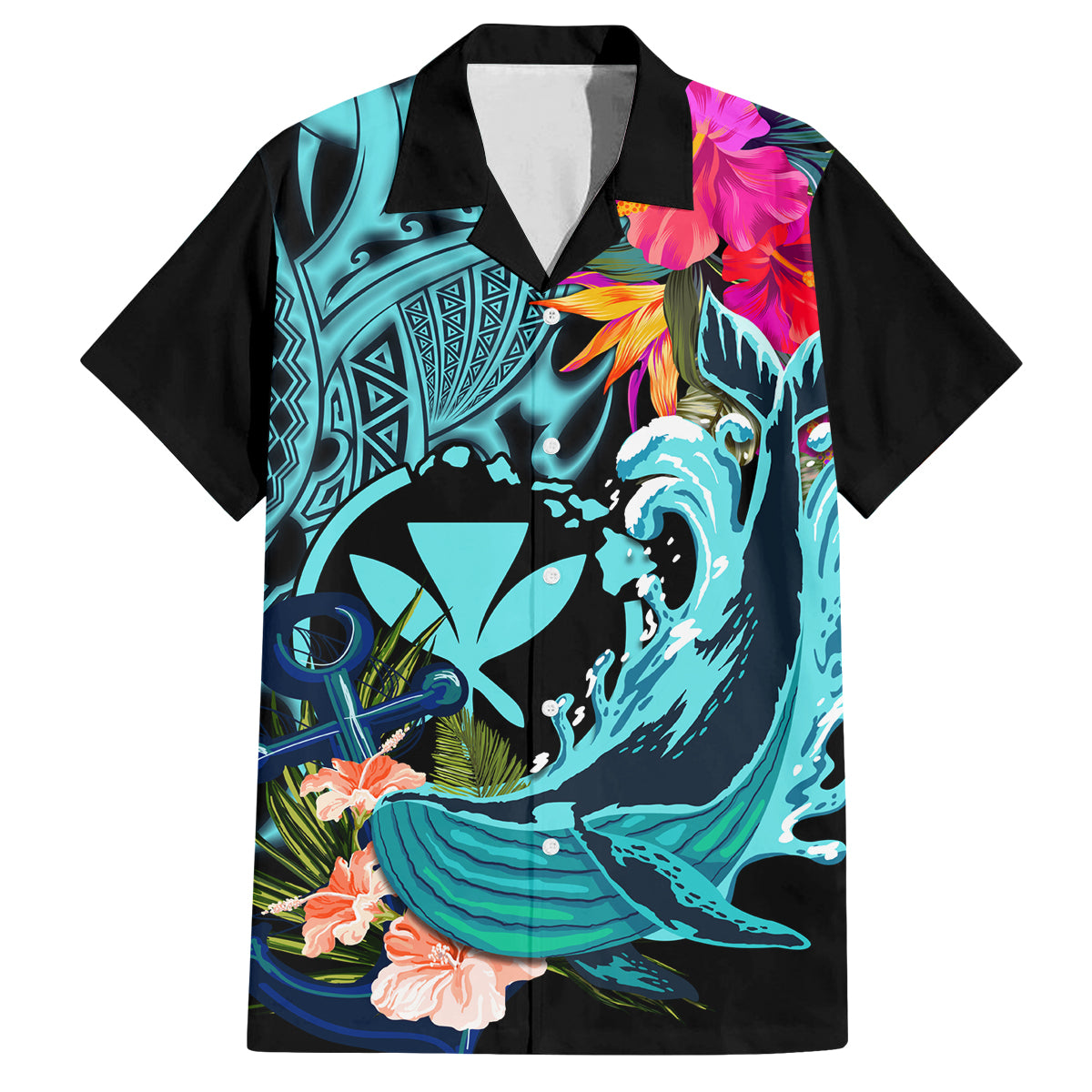 Hawaii Family Matching Puletasi and Hawaiian Shirt Whale Mix Hibiscus and Kanaka Maoli LT03 Dad's Shirt - Short Sleeve Black - Polynesian Pride