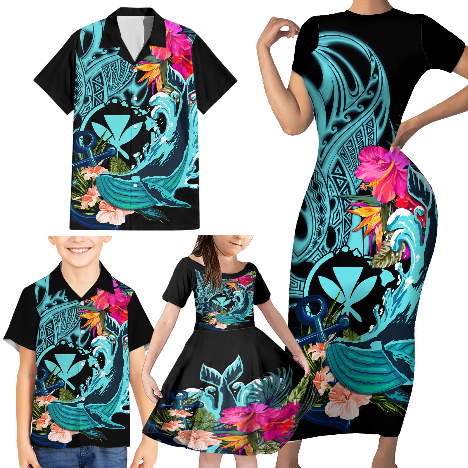 Hawaii Family Matching Short Sleeve Bodycon Dress and Hawaiian Shirt Whale Mix Hibiscus and Kanaka Maoli LT03 - Polynesian Pride