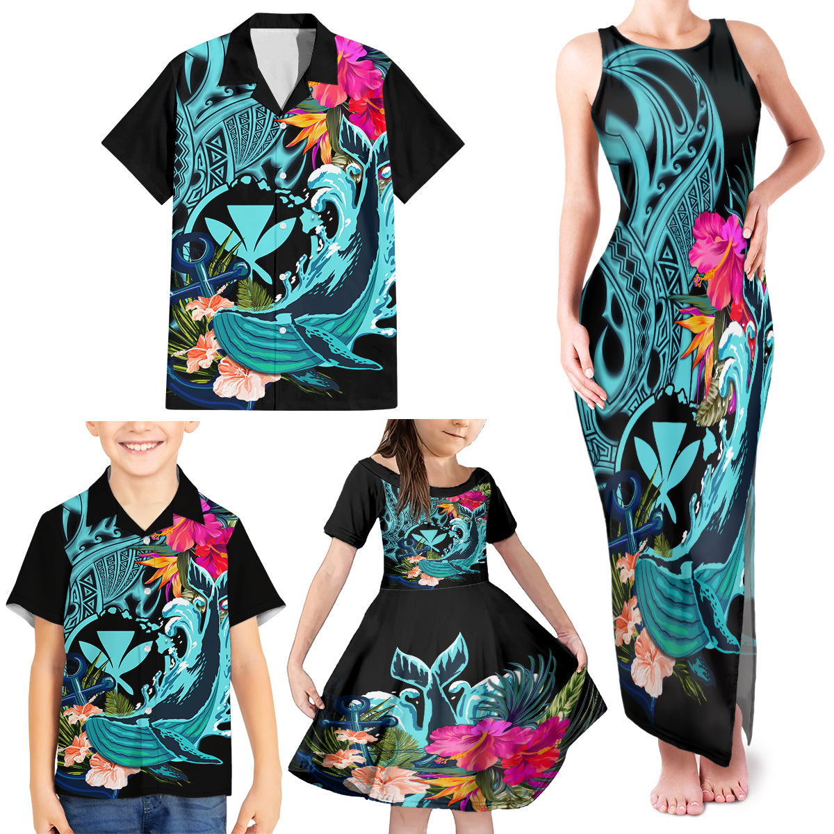 Hawaii Family Matching Tank Maxi Dress and Hawaiian Shirt Whale Mix Hibiscus and Kanaka Maoli LT03 - Polynesian Pride