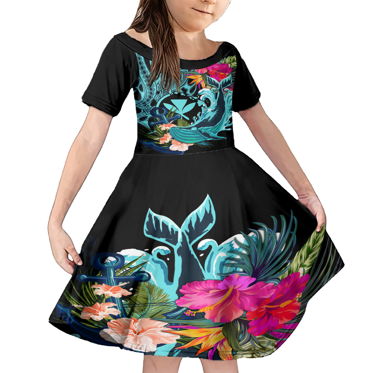 Hawaii Kid Short Sleeve Dress Whale Mix Hibiscus and Kanaka Maoli LT03 KID Black - Polynesian Pride