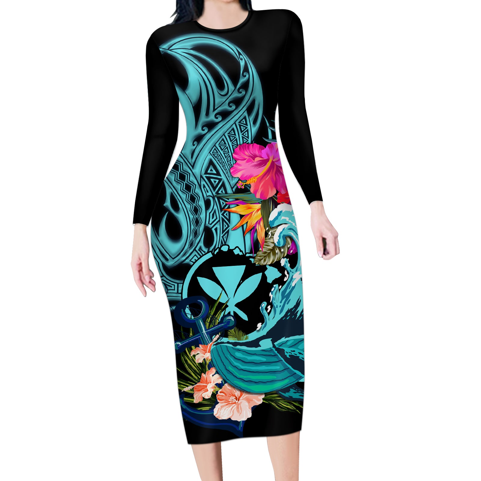 Hawaii Long Sleeve Bodycon Dress Whale Mix Hibiscus and Kanaka Maoli LT03 Long Dress Black - Polynesian Pride