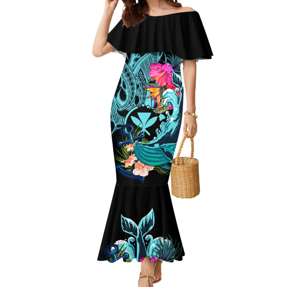 Hawaii Mermaid Dress Whale Mix Hibiscus and Kanaka Maoli LT03 Women Black - Polynesian Pride