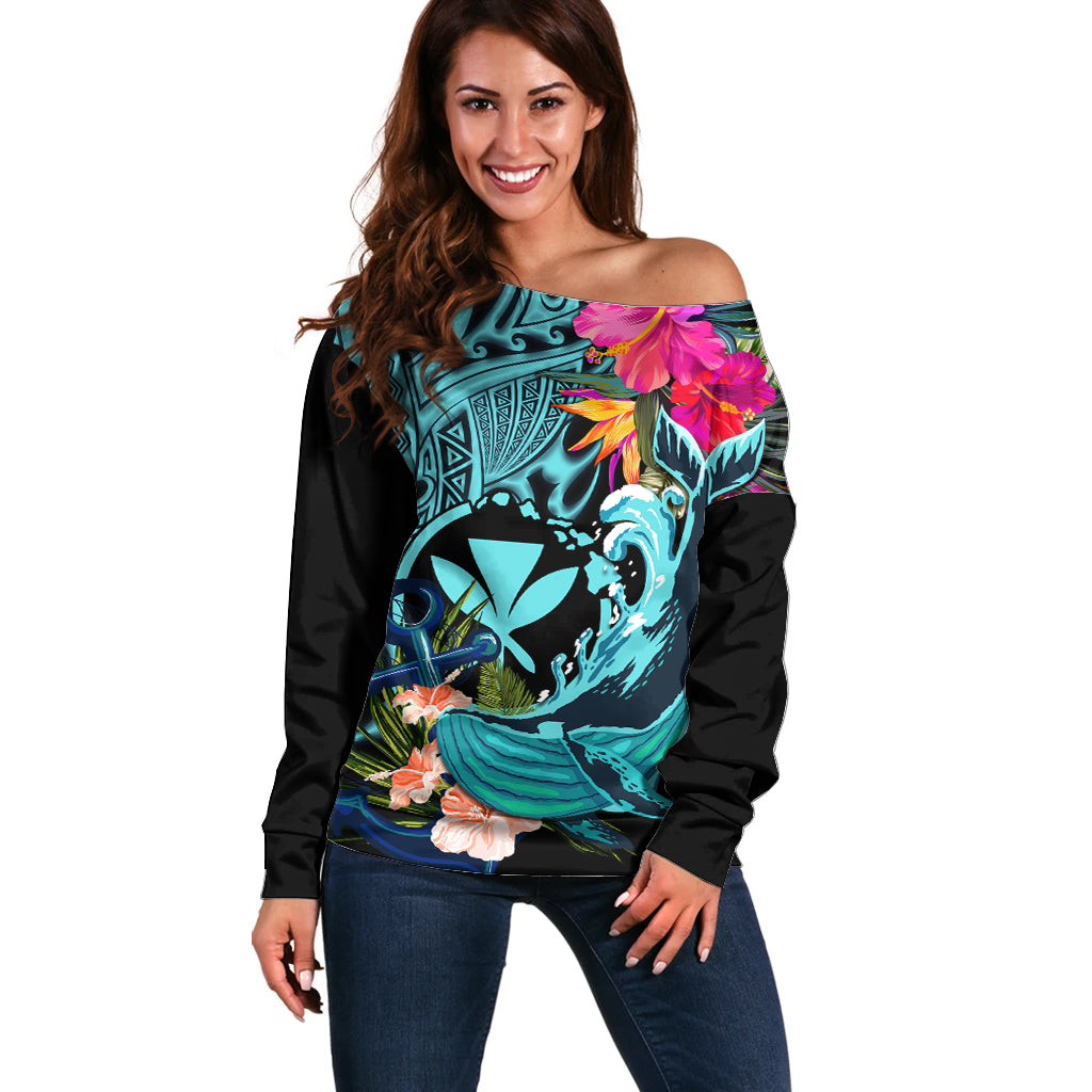 Hawaii Off Shoulder Sweater Whale Mix Hibiscus and Kanaka Maoli LT03 Women Black - Polynesian Pride