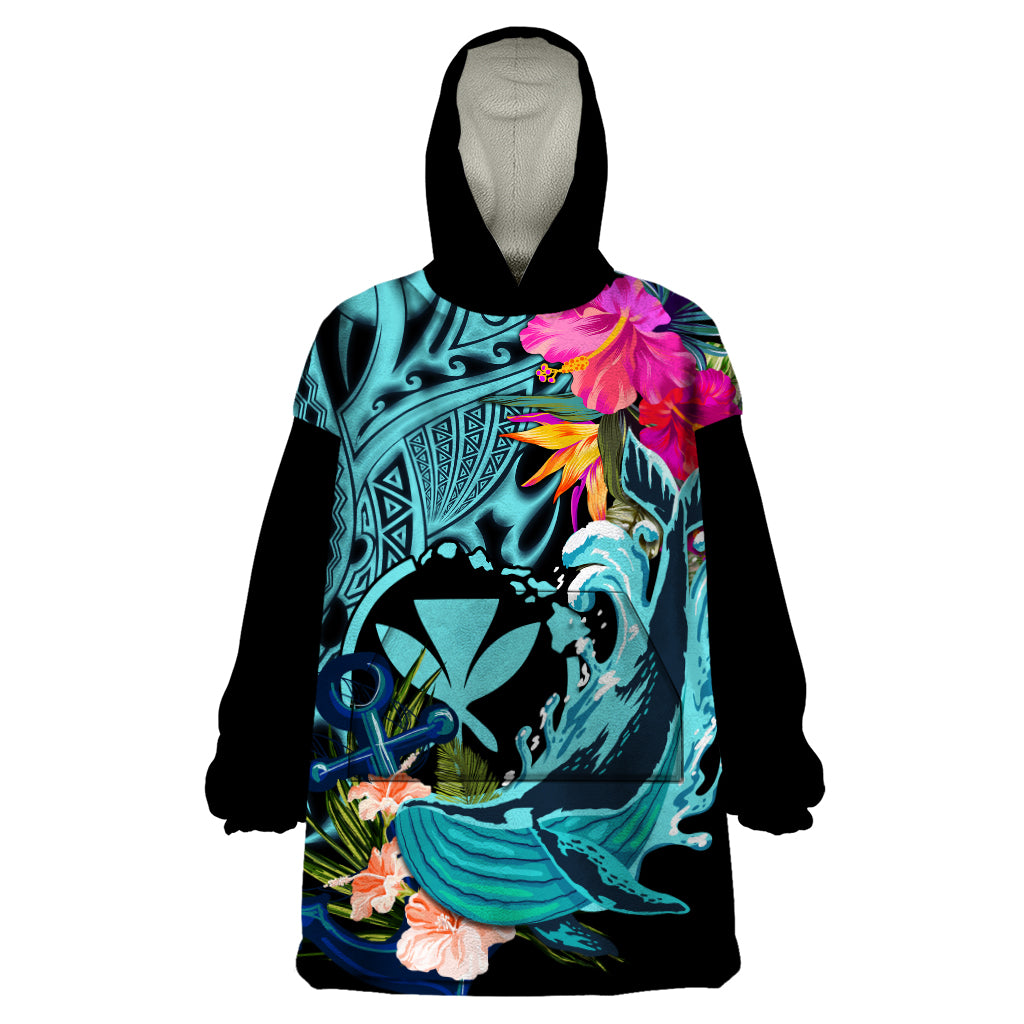 Hawaii Wearable Blanket Hoodie Whale Mix Hibiscus and Kanaka Maoli LT03 One Size Black - Polynesian Pride