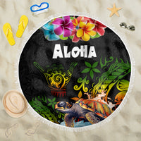 Hawaii Lei Day Beach Blanket Hibiscus Wreath and Polynesian Pattern LT03 One Size 150cm Black - Polynesian Pride